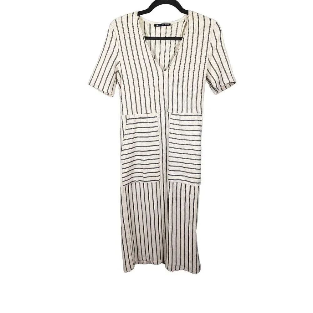 Zara Striped Cream and Gray MIDI Dress with Pockets Size Small